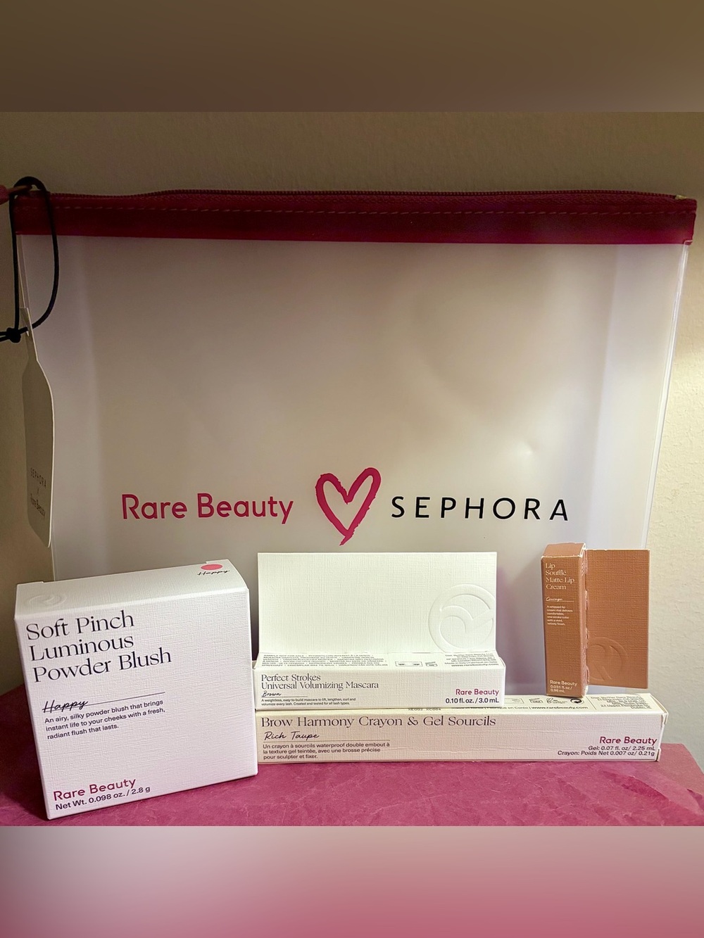 Rare Beauty-Full Size Cheek & Brow W/Mini Mascara & Matte Lip Cream-W/MakeUp Bag